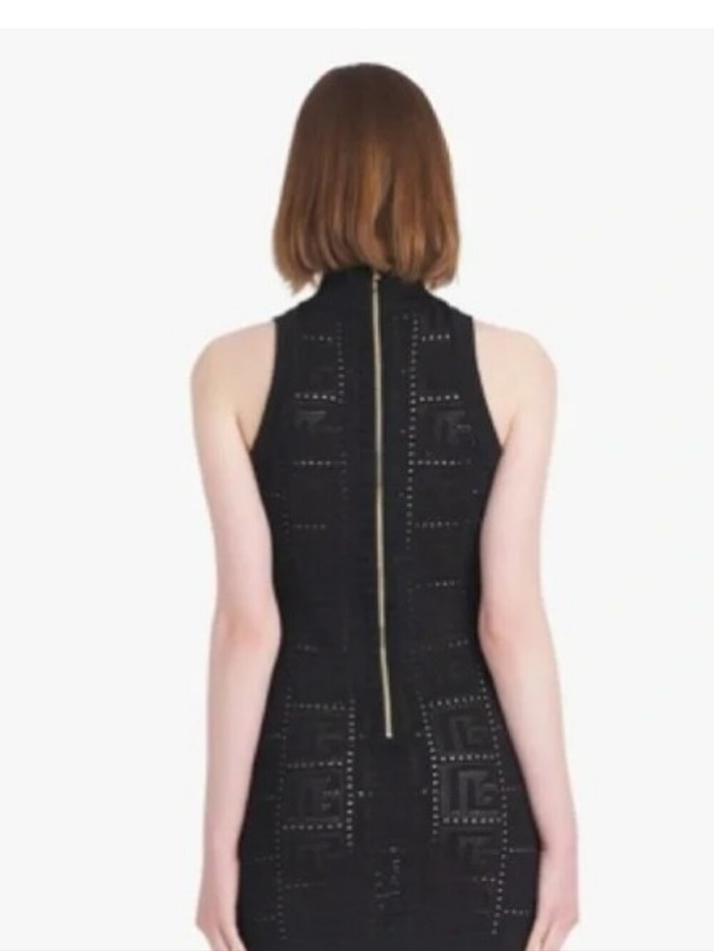 Monogram Knit Black Sleeveless High-Neck Bodycon Dress